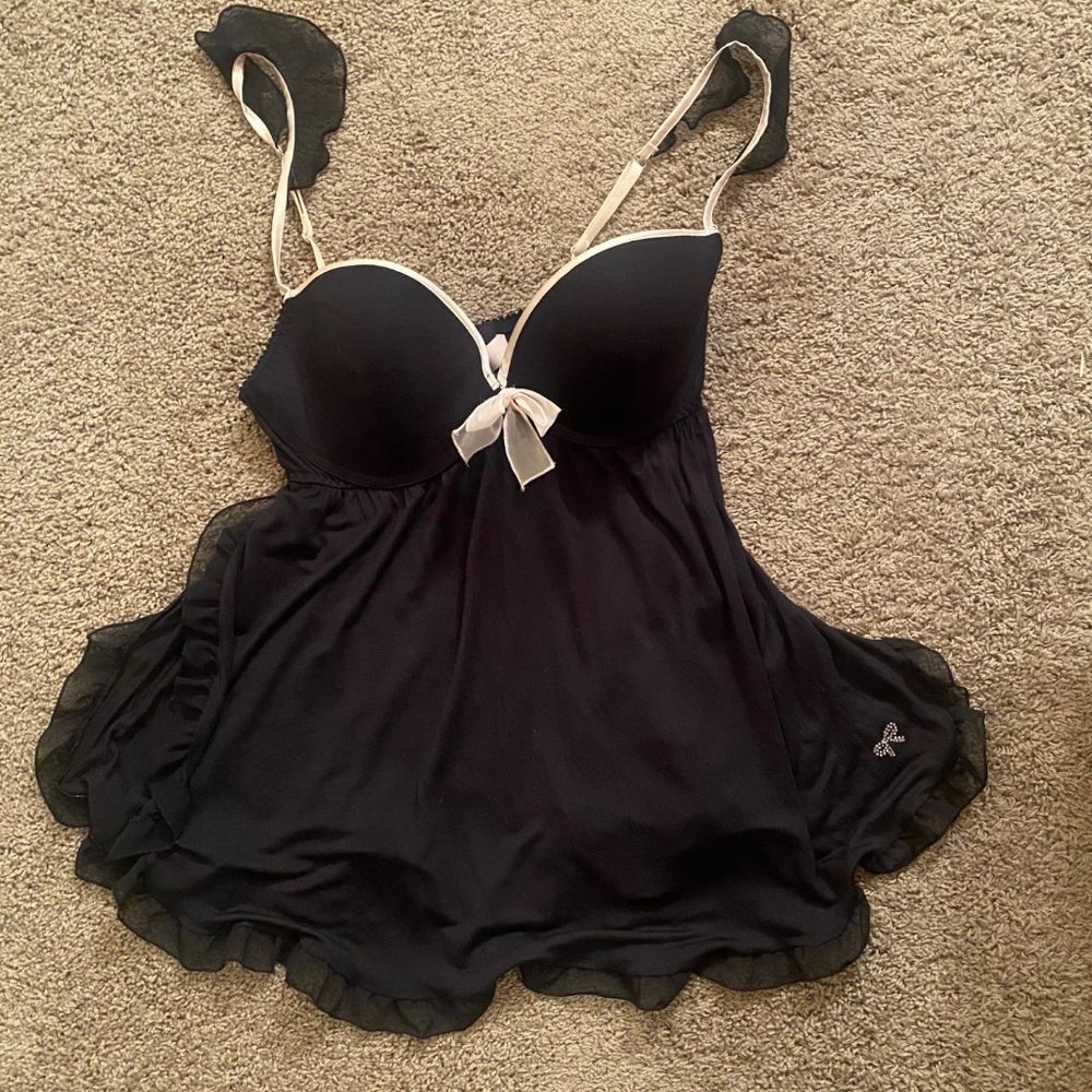 Victoria's Secret Black Baby Doll with Ruffles Pink Trim & Bow - Sz 36D